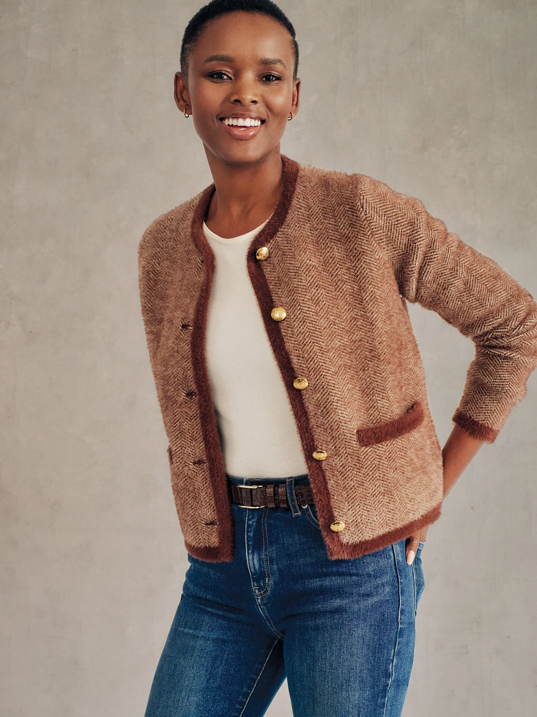 Inez Cardigan in Herringbone Jacquard